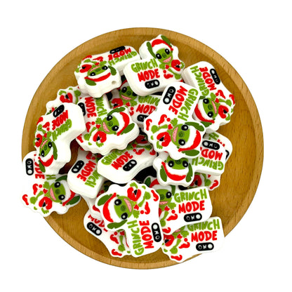 20pcs Silicone Focal Beads Green Furry Character Scowling Face Grinch Mode Text 2