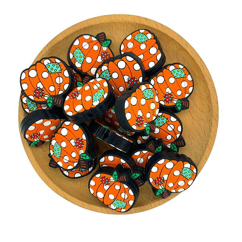 Silicone Focal Beads Pumpkin With Polka Dots Patch Detail 2