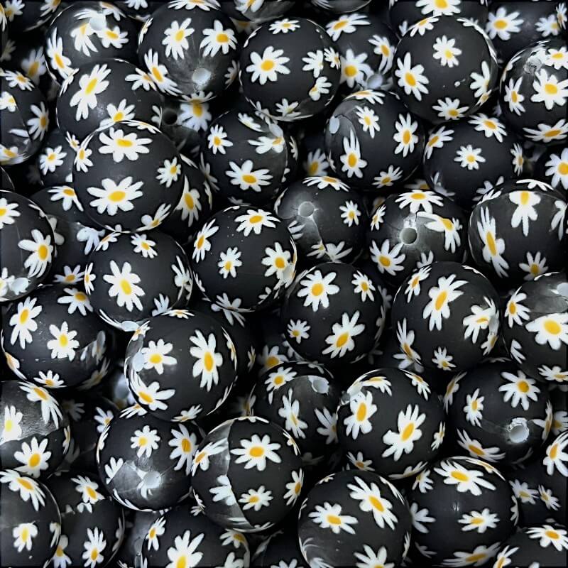 50pcs 15mm Little Daisy Printed Silicone Beads Black Base