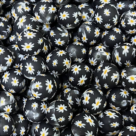50pcs 15mm Little Daisy Printed Silicone Beads Black Base