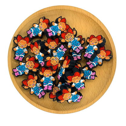 Silicone Focal Beads Girl Highland Cow Wearing Bow and Overalls 2