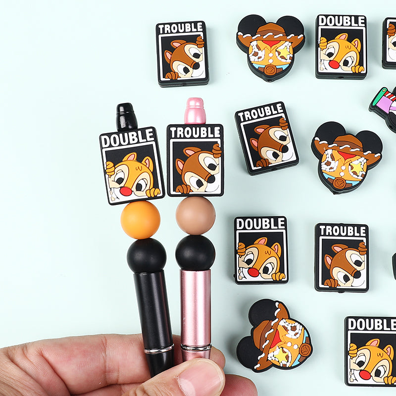 20Pcs Silicone Focal Beads Round Ear Mouse Character with Cowboy Hat and Space Helmet 8