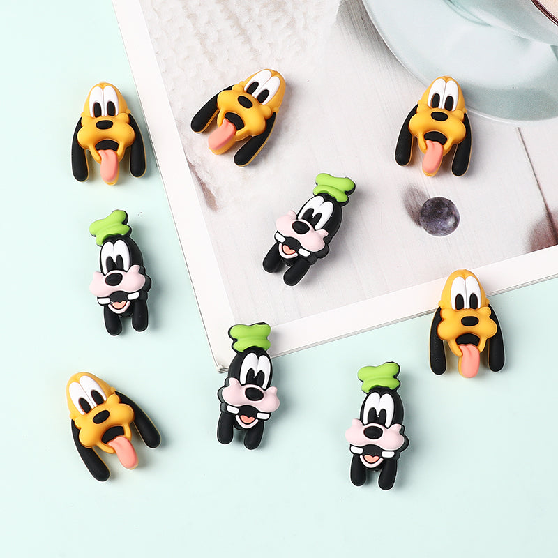20Pcs Silicone 3D Focal Beads Black Dog Character Wearing Green Hat and Yellow Dog Character Tongue Out 5