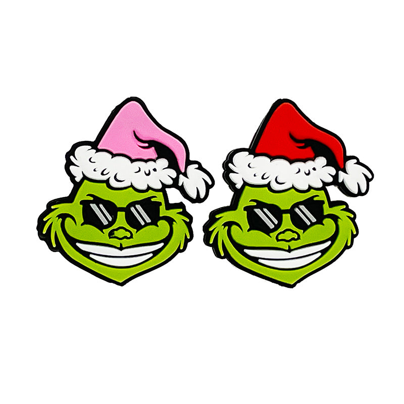 20pcs Silicone Focal Beads Green Furry Character Scowling Face Wearing Santa Hat