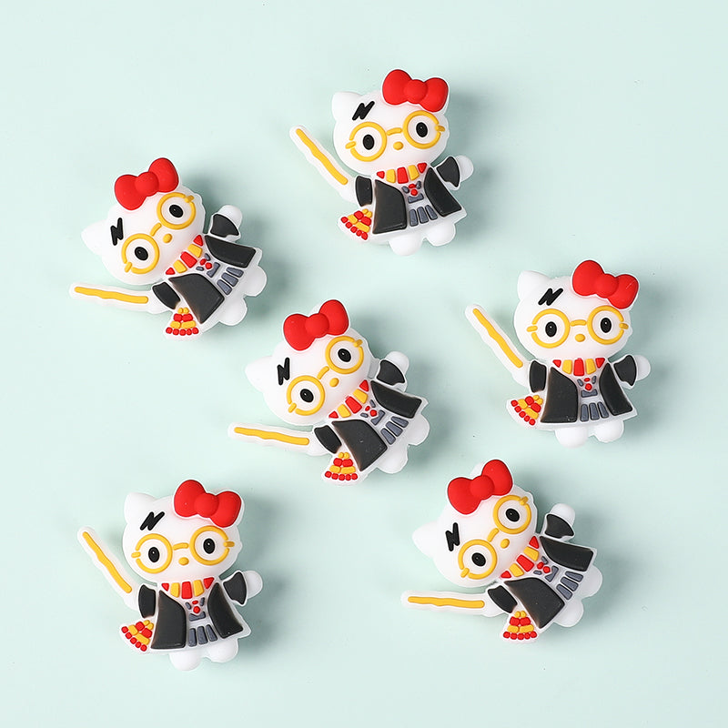 20Pcs Silicone 3D Focal Beads White Cat Wearing Glasses with Red Bow