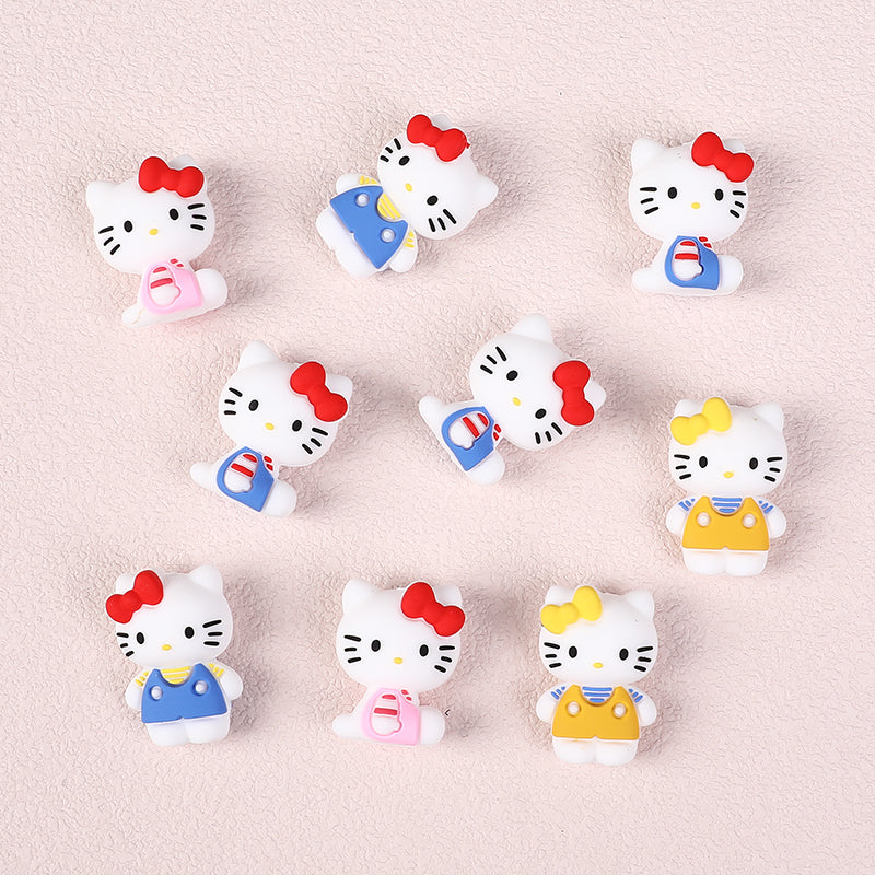 20Pcs Silicone 3D Focal Beads White Cat No Mouth Red Bow Wearing Clothes 2