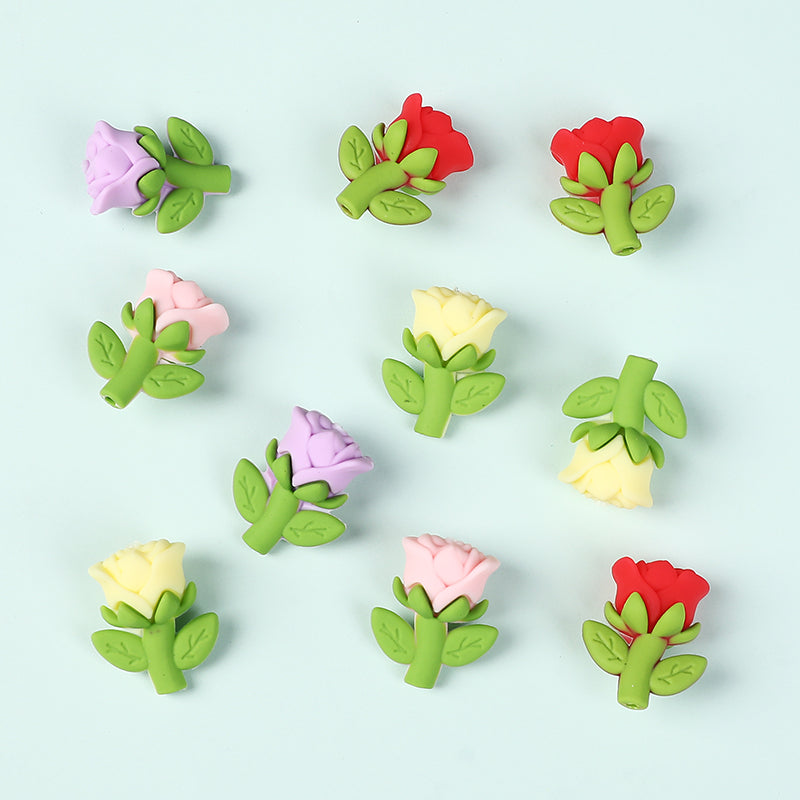 20Pcs Silicone 3D Focal Beads Multi Color Rose Holding Stem 3