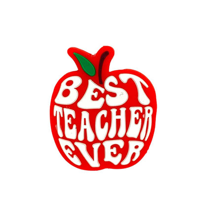 20pcs Silicone Focal Beads Teacher Apple with Printed Best Teacher Ever Text