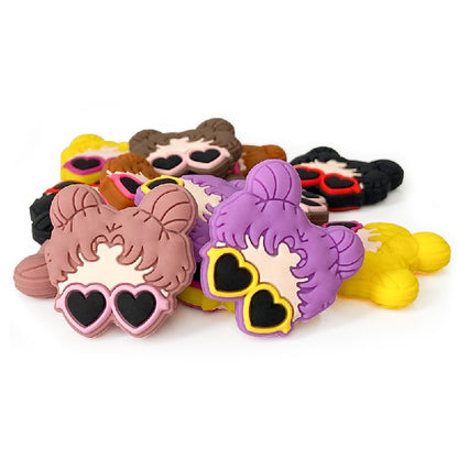 20pcs Silicone Focal Beads Girl Face with Double Bun Hairstyle 4