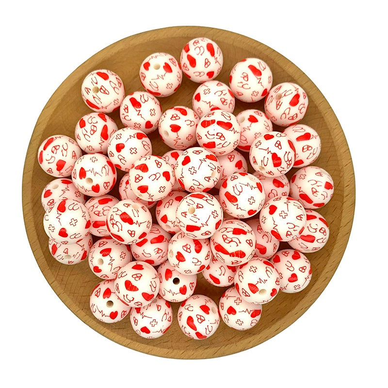 50pcs 15mm Medical Silicone Beads Heart Beat Stethoscope Print