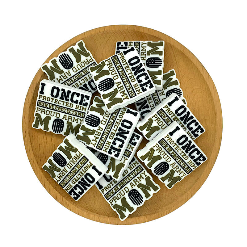 Silicone Focal Beads Proud Army Mom Printed Text Square Shape 2