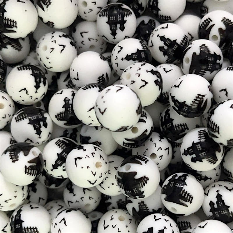 50pcs 15mm Haunted House Silicone Beads Black Print