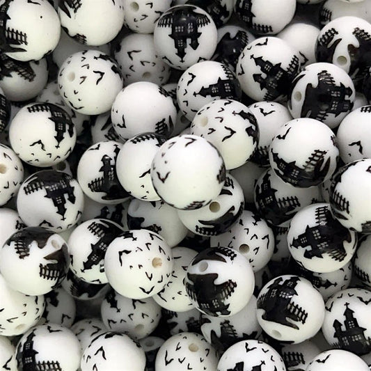 50pcs 15mm Haunted House Silicone Beads Black Print