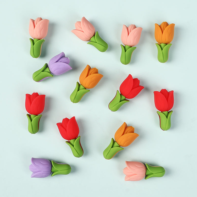 20Pcs Silicone 3D Focal Beads Tulip Flower with Green Leaves 2