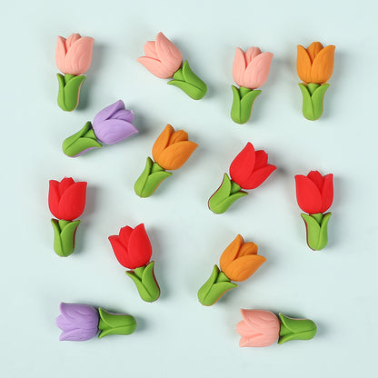 20Pcs Silicone 3D Focal Beads Tulip Flower with Green Leaves 2