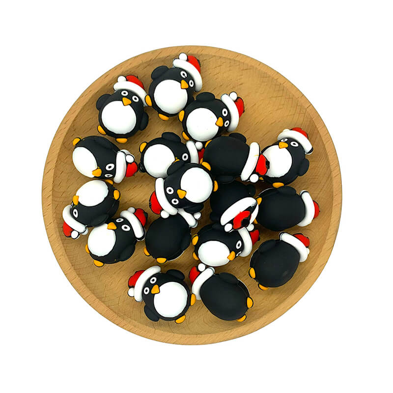 Silicone 3D Focal Beads Penguin Holiday Wearing Christmas Hat 2