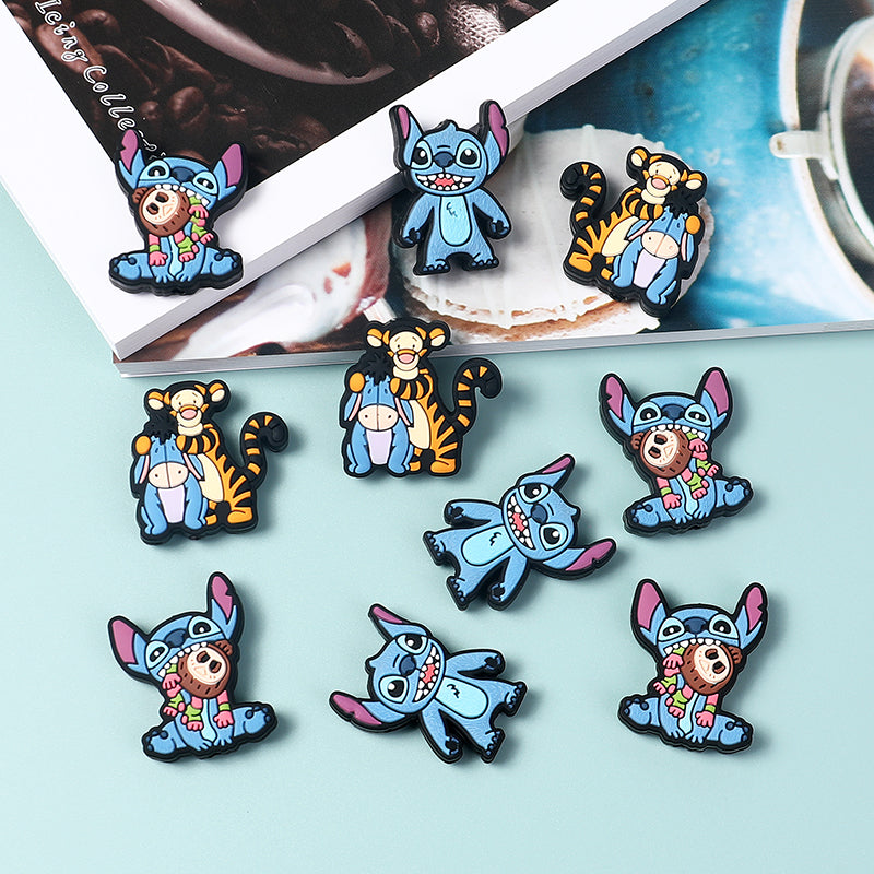20Pcs Silicone Focal Beads Blue Alien Character Large Ears Sitting Pose and Blue Donkey with Tiger Companion 4