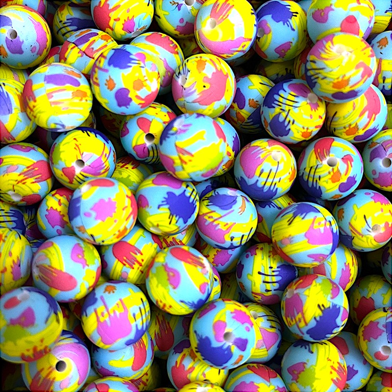 50pcs 15mm Printed Splatter Paint Silicone Beads Multicolor Design 2