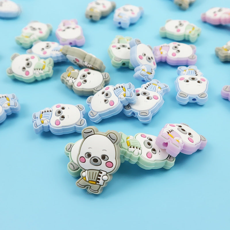 Silicone Focal Beads Cartoon Panda Playing Accordion Front Facing