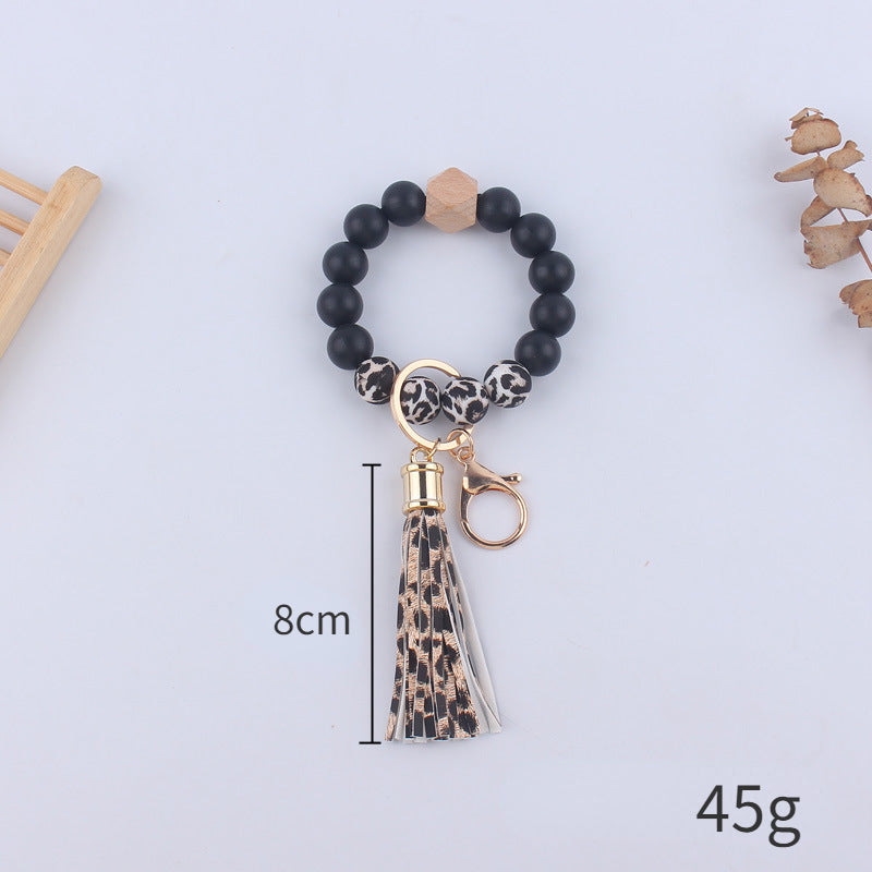 Leopard Print Silicone Bead Wristlet Keychain PU Tassel Charm 5