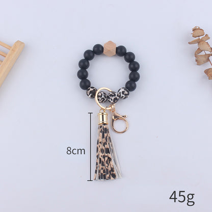 Leopard Print Silicone Bead Wristlet Keychain PU Tassel Charm 5
