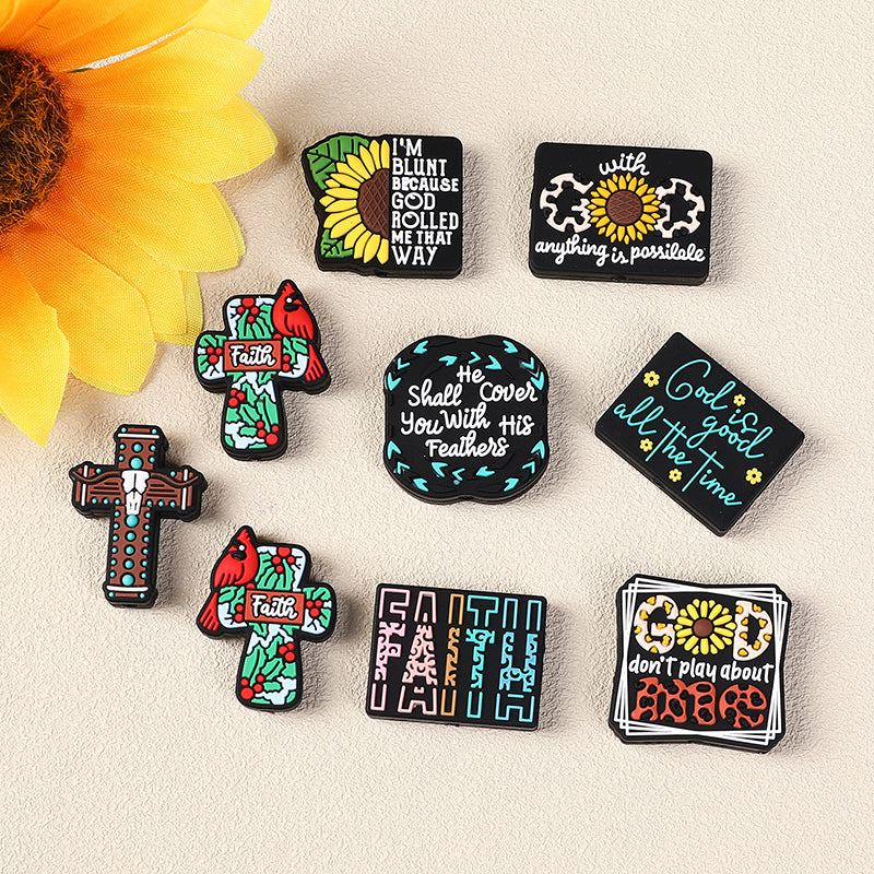 Silicone Focal Beads Jesus Faith Cross With Religious Text Designs 9