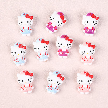 20Pcs Silicone 3D Focal Beads White Cat Wearing Nurse Hat with Stethoscope 4