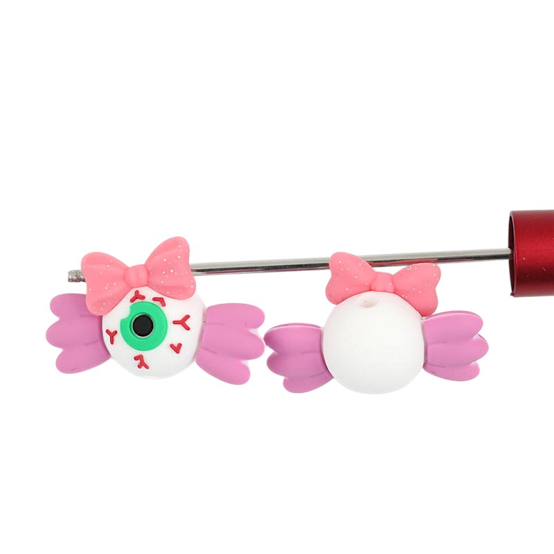 20Pcs Silicone 3D Focal Beads Halloween Bloodshot Eye with Pink Bow
