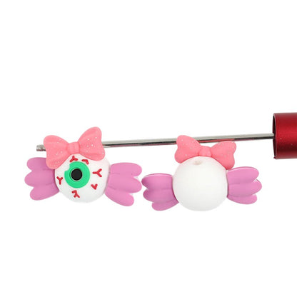20Pcs Silicone 3D Focal Beads Halloween Bloodshot Eye with Pink Bow