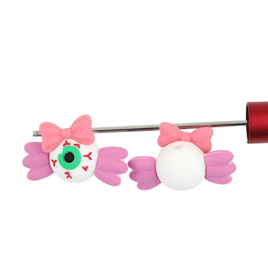 20Pcs Silicone 3D Focal Beads Halloween Bloodshot Eye with Pink Bow