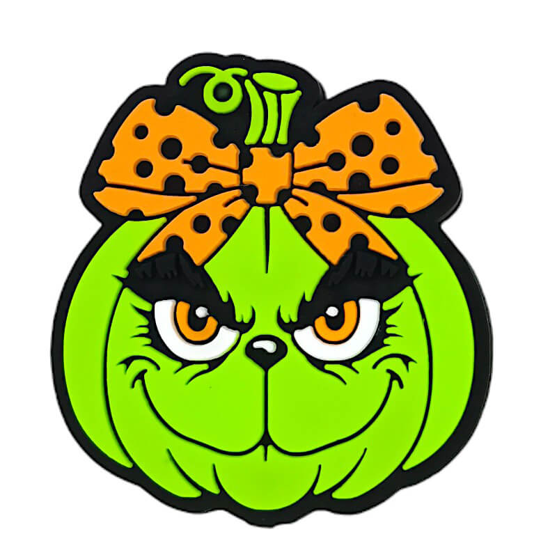 Silicone Focal Beads Halloween Green Pumpkin Face with Leopard Bow