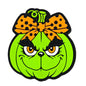 Silicone Focal Beads Halloween Green Pumpkin Face with Leopard Bow