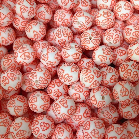 50Pcs 15mm Love Print Silicone Beads Red Heart Design