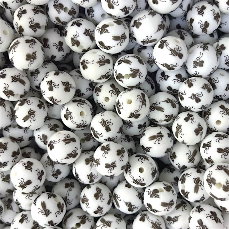 50pcs 15mm Bees Print Silicone Beads Orange Yellow White Colors 3