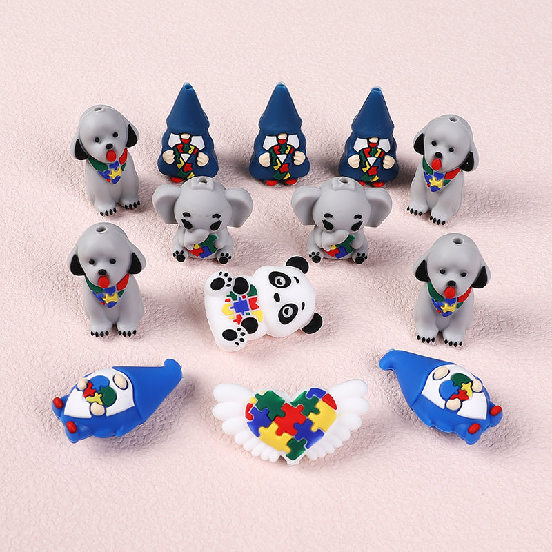 Silicone 3D Focal Beads Autism Pet Love Heart with Puzzle Design