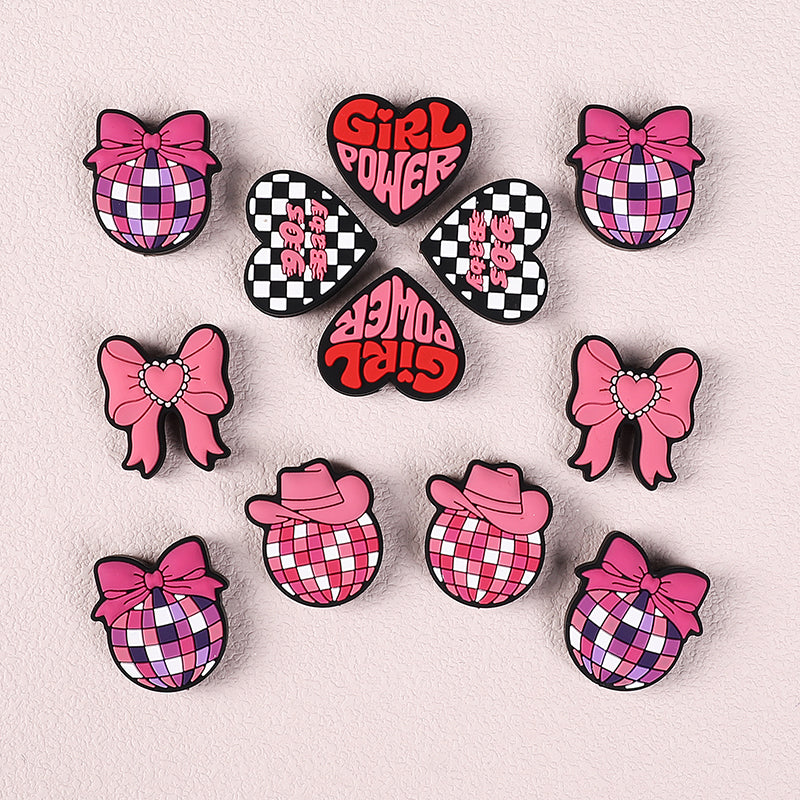 20pcs Silicone Focal Beads Pink Theme Heart Bow Checkered Designs
