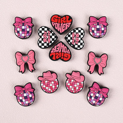 20pcs Silicone Focal Beads Pink Theme Heart Bow Checkered Designs