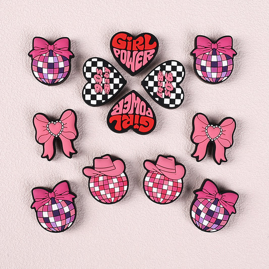 20pcs Silicone Focal Beads Pink Theme Heart Bow Checkered Designs
