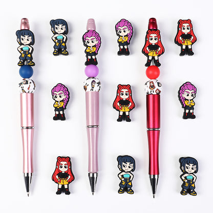 20Pcs Silicone Focal Beads Girl Characters Standing Pose with Colorful Hair 6