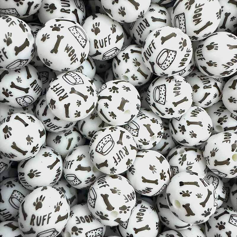 50pcs 15mm Wool Ruff Paw Dog Bone Printed Silicone Beads