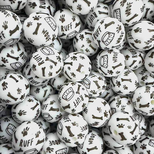 50pcs 15mm Wool Ruff Paw Dog Bone Printed Silicone Beads