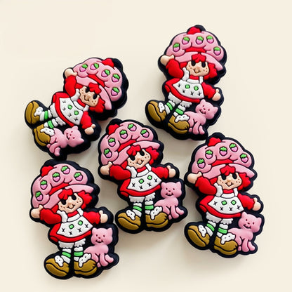 20Pcs Silicone Focal Beads Girl with Strawberry Hat and Pink Cat