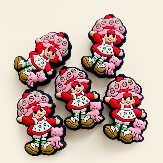 20Pcs Silicone Focal Beads Girl with Strawberry Hat and Pink Cat