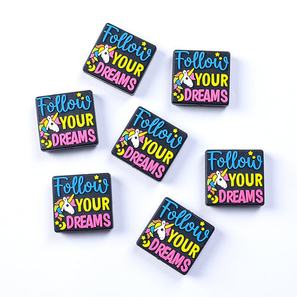 20pcs Silicone Focal Beads Dreams Text and Unicorn with Dreamcatcher Design 12