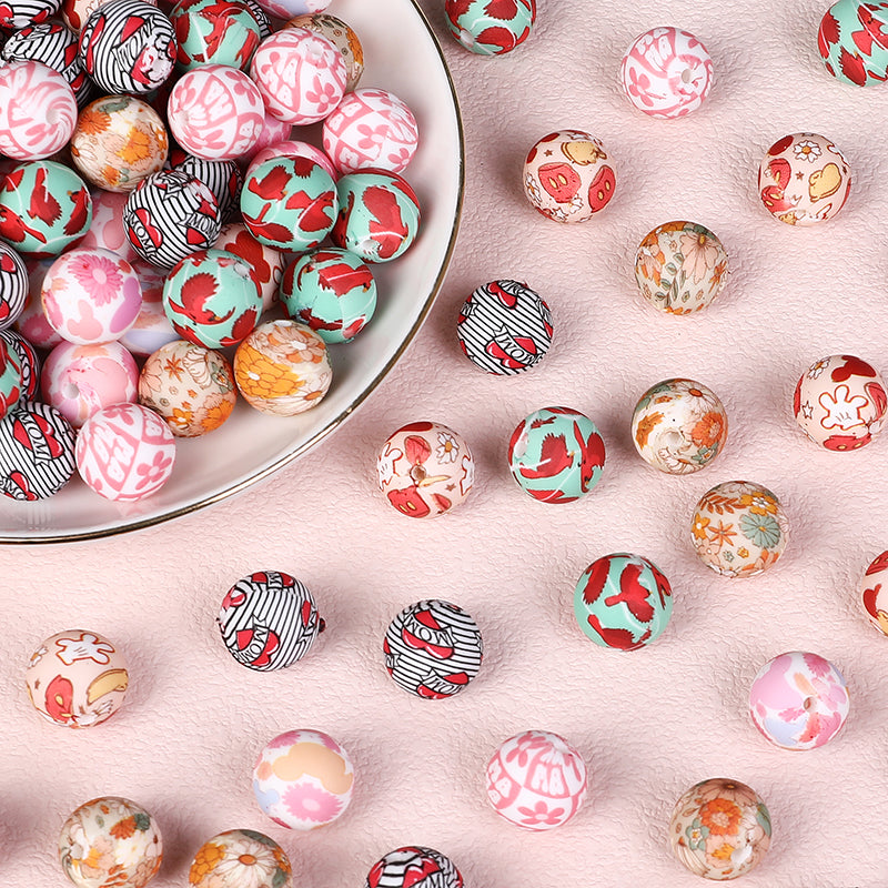 50pcs 15mm Rhombus Printed Silicone Beads Colorful Design