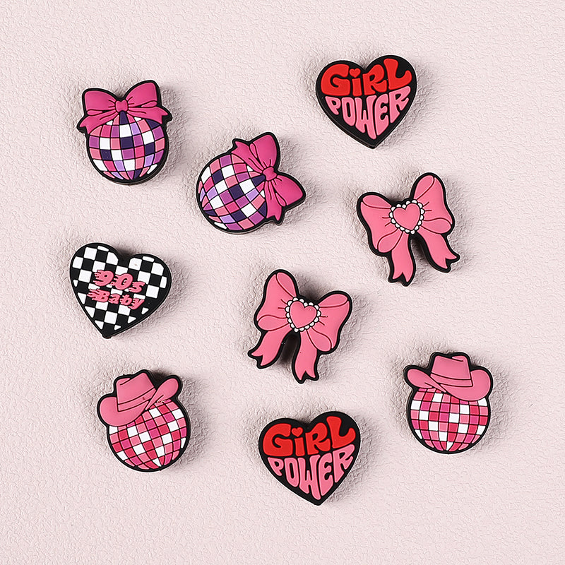 20pcs Silicone Focal Beads Pink Theme Heart Bow Checkered Designs 3