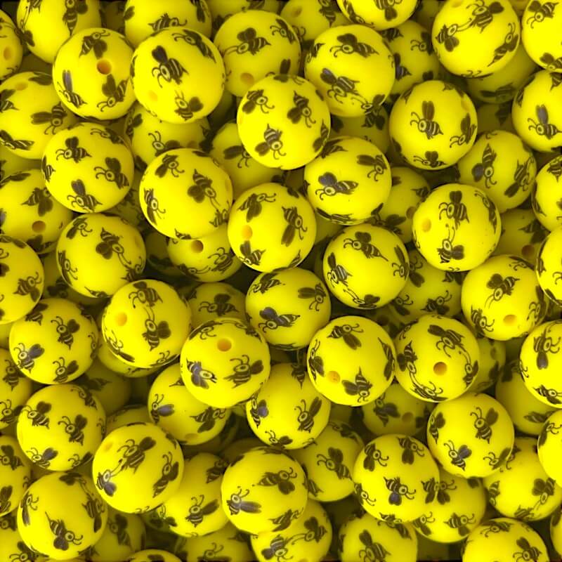 50pcs 15mm Bees Print Silicone Beads Orange Yellow White Colors 2