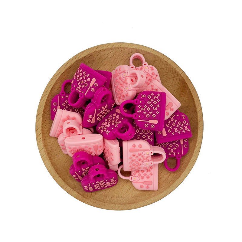20pcs Silicone Focal Beads Pink Handbag Design with Pattern Detail 4