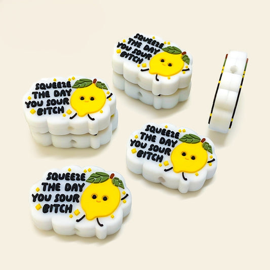20Pcs Silicone Focal Beads Cartoon Lemon with Text Design