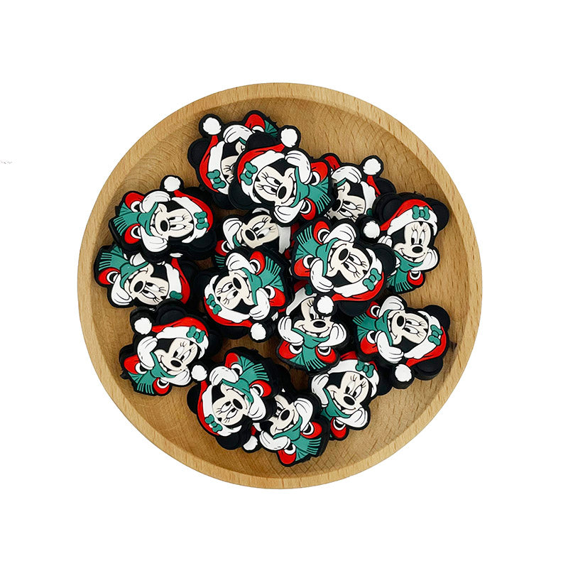 20pcs Silicone Focal Beads Round Ear Mouse Character Wearing Christmas Scarf 2